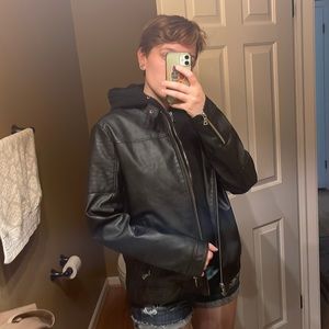 FAUX LEATHER JACKET W CLOTH HOOD